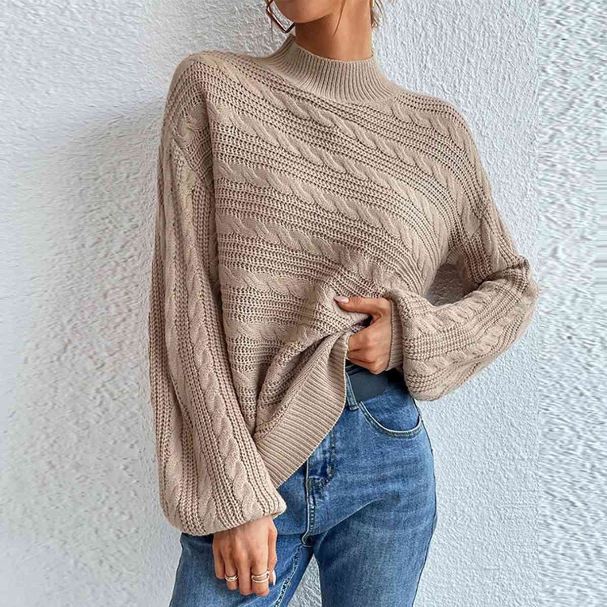 Cable-Knit Mock Neck Long Sleeve Sweater - Deals DejaVu