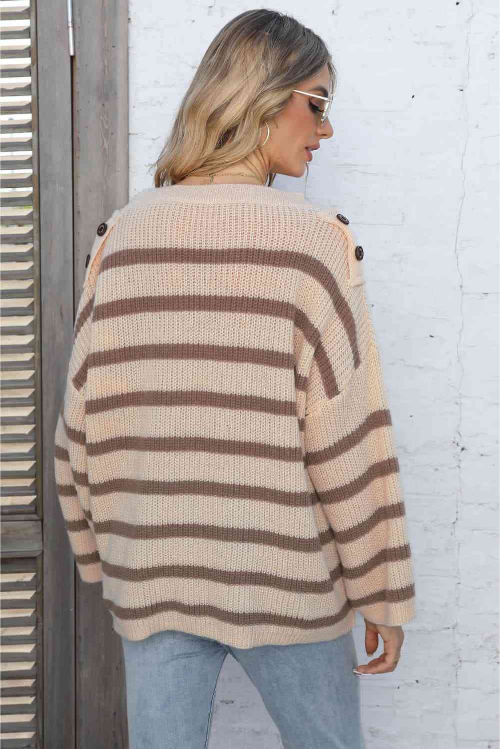 Round Neck Dropped Shoulder Striped Sweater - Deals DejaVu