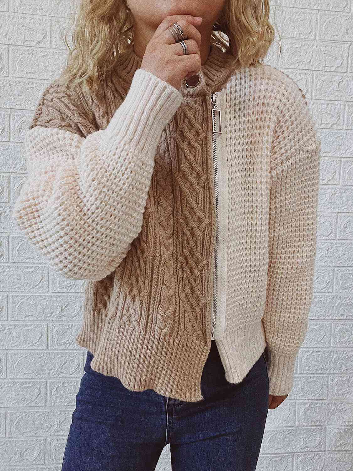 Cable-Knit Contrast Zip-Up Cardigan