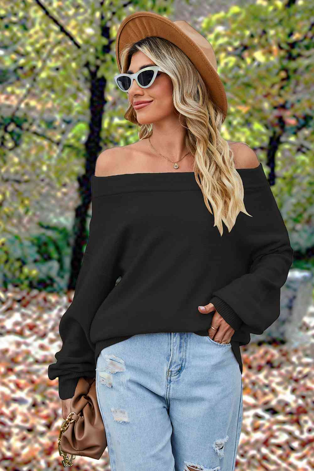 Off-Shoulder Dropped Shoulder Sweater - Deals DejaVu