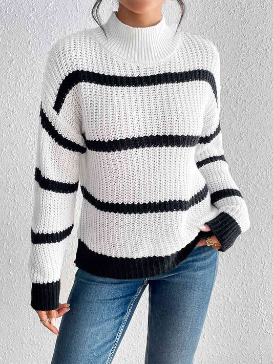 Striped Mock Neck Sweater - Deals DejaVu