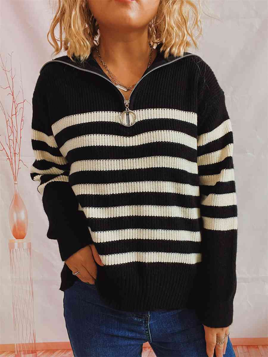 Striped Half Zip Collared Sweater - Deals DejaVu