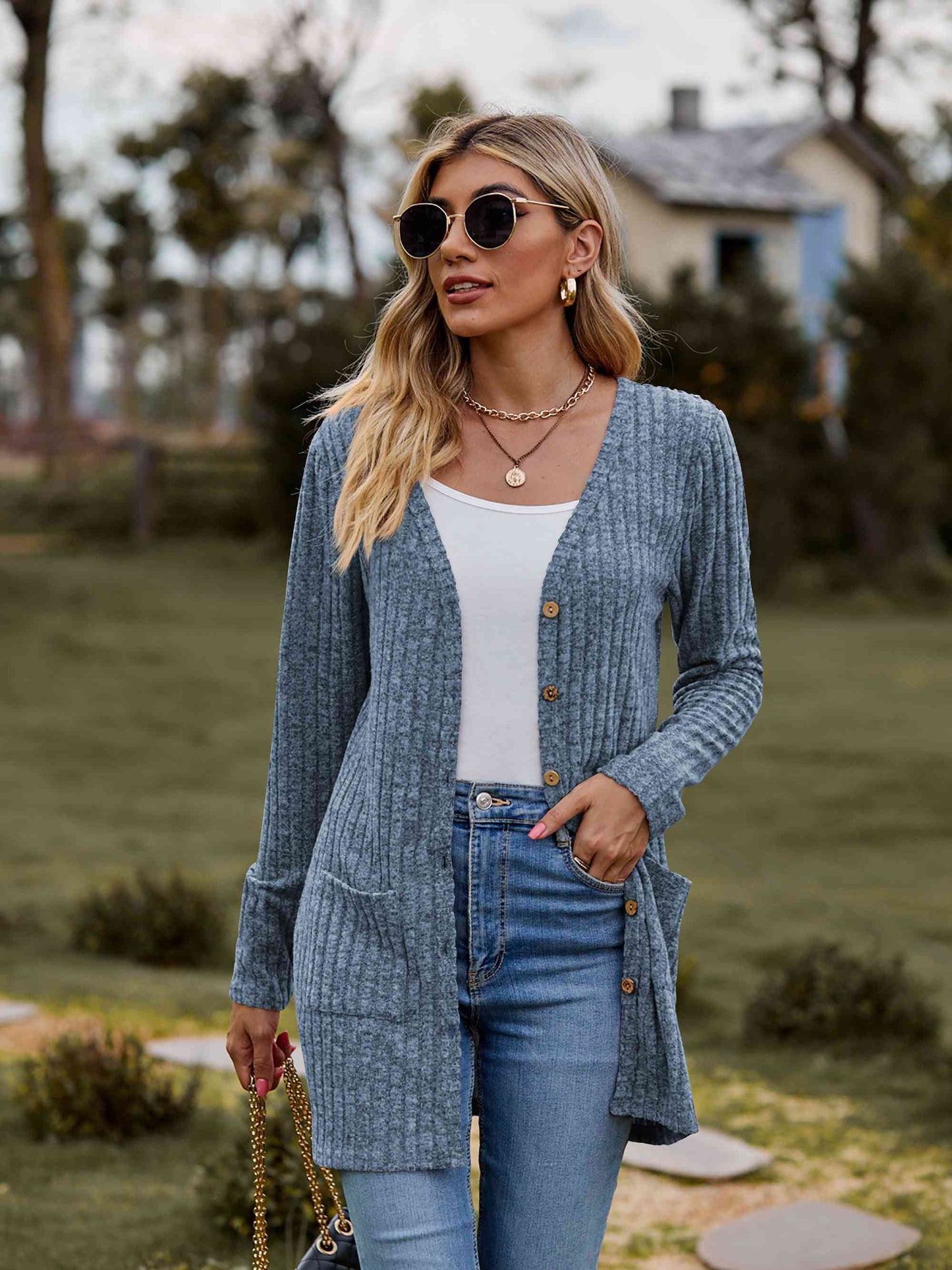 Ribbed Button-Up Cardigan with Pockets (BFD) T - Deals DejaVu