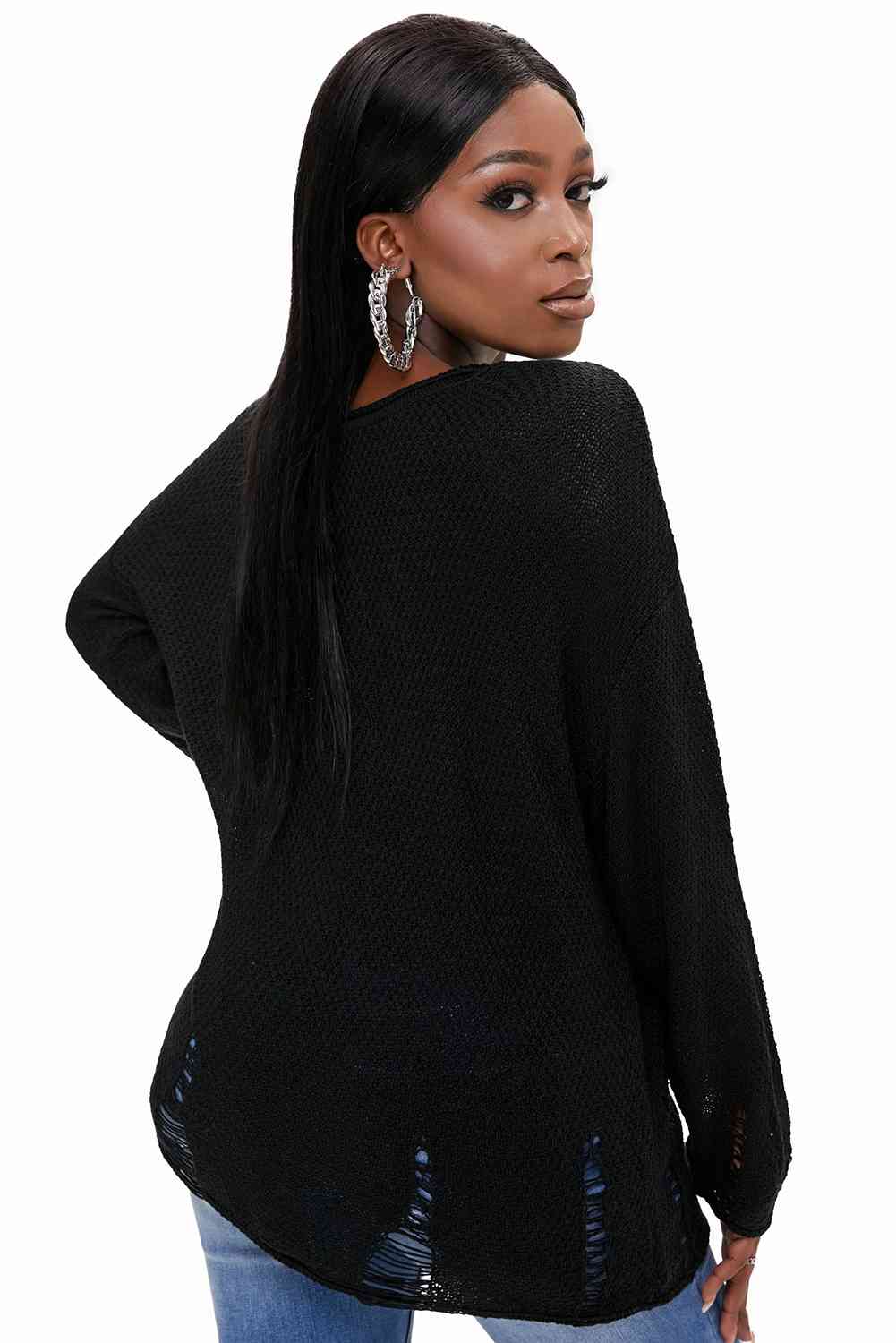 Round Neck Distressed Drop Shoulder Sweater - Deals DejaVu