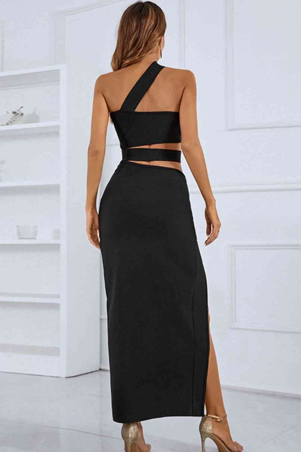 One-Shoulder Cutout Front Split Maxi Dress (BWMT) T - Deals DejaVu