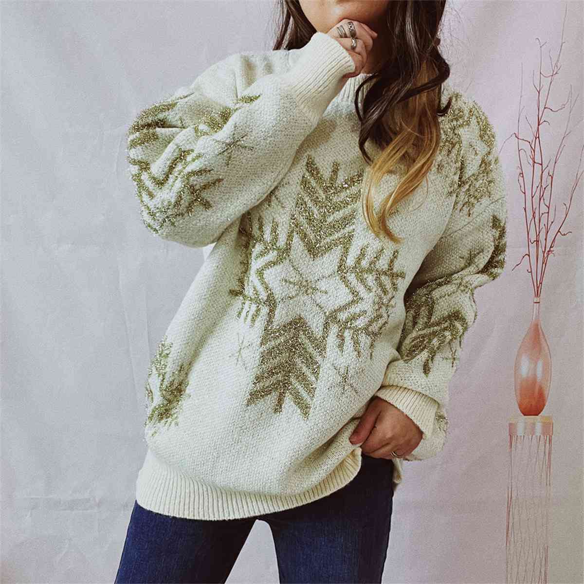 Snowflake Pattern Long Sleeve Sweater - Deals DejaVu