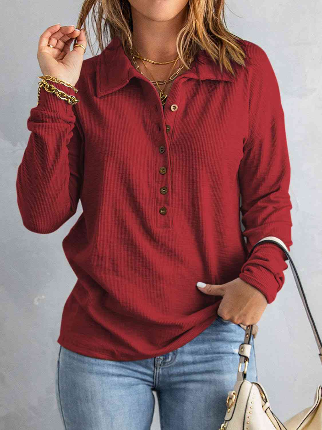 Collared Neck Half Button Top (BFD) T - Deals DejaVu