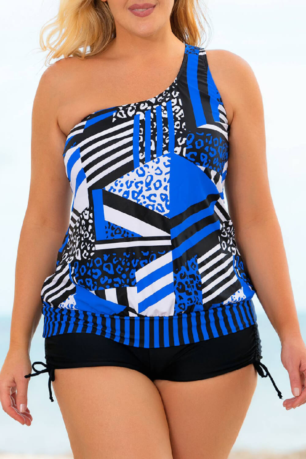 Plus Size Patchwork Tied One-Shoulder Tankini Set (TB13D) T - Deals DejaVu