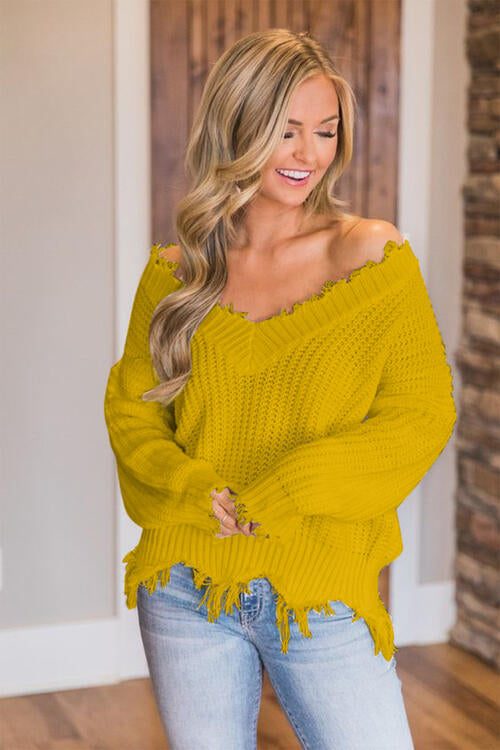 Frayed Hem Dropped Shoulder Sweater - Deals DejaVu