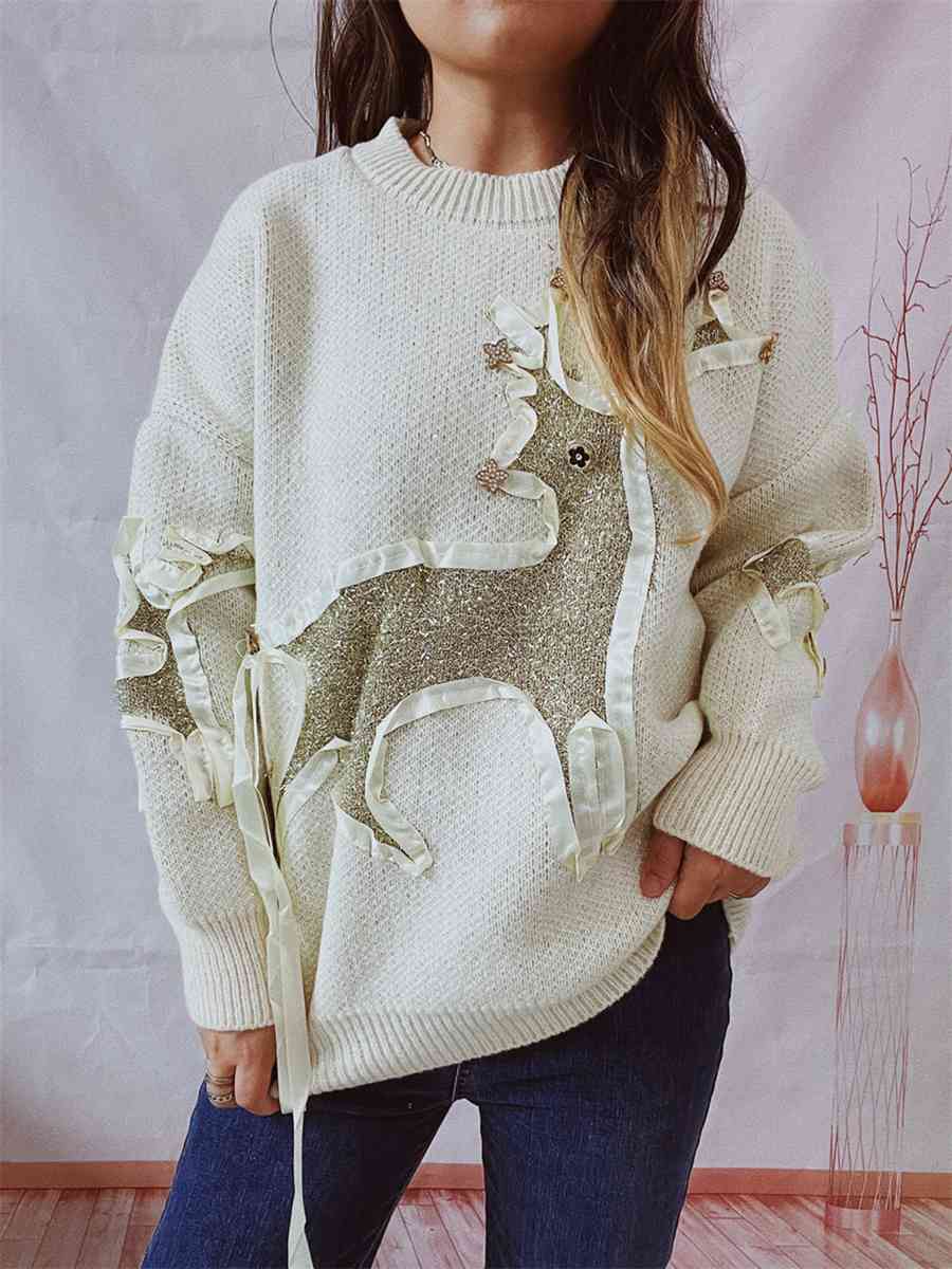 Reindeer Round Neck Long Sleeve Sweater - Deals DejaVu