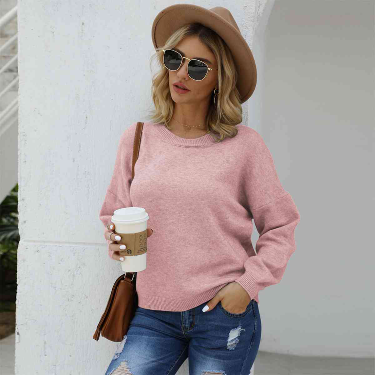 Round Neck Long Sleeve Drop Shoulder Sweater - Deals DejaVu