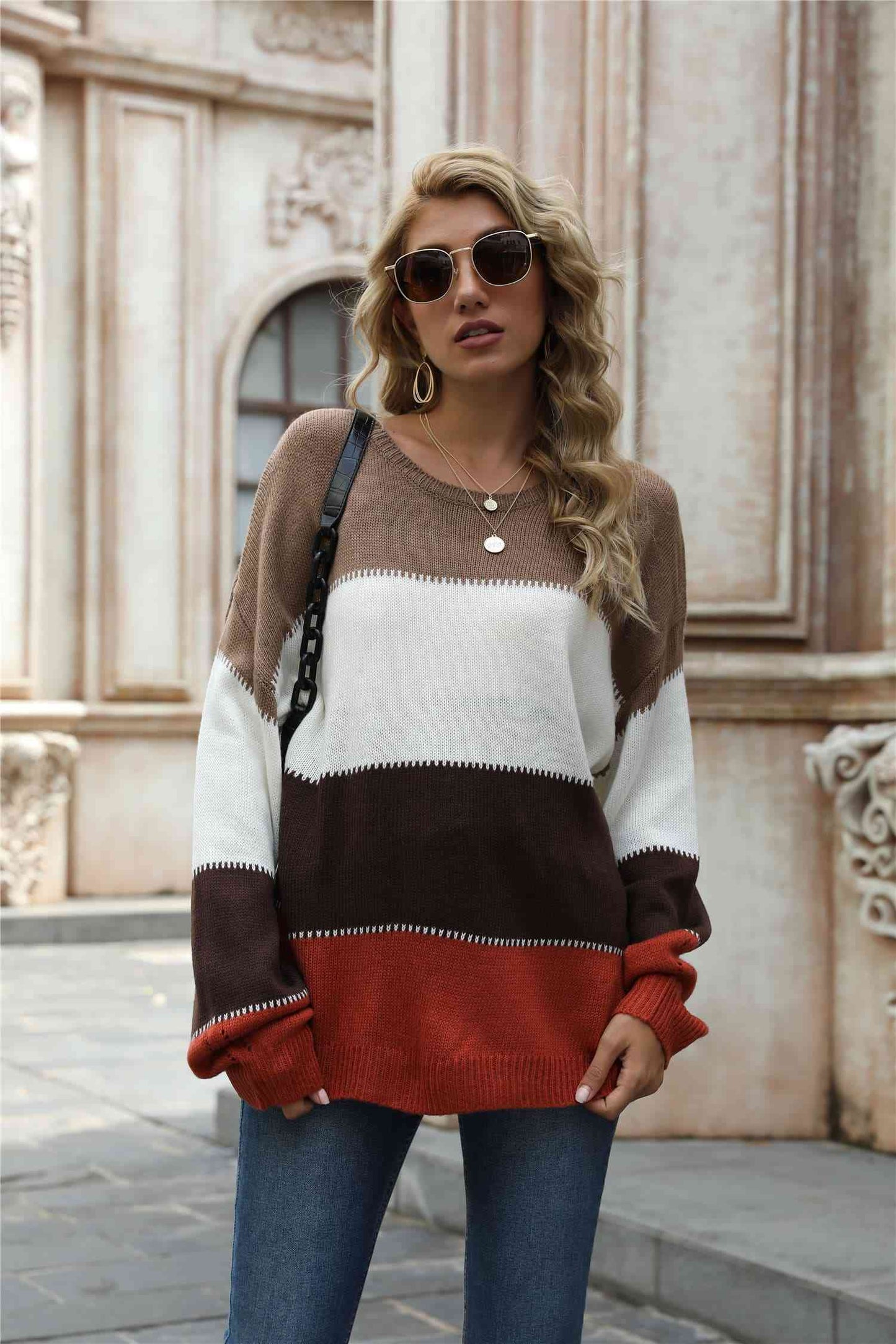 Color Block Round Neck Sweater - Deals DejaVu