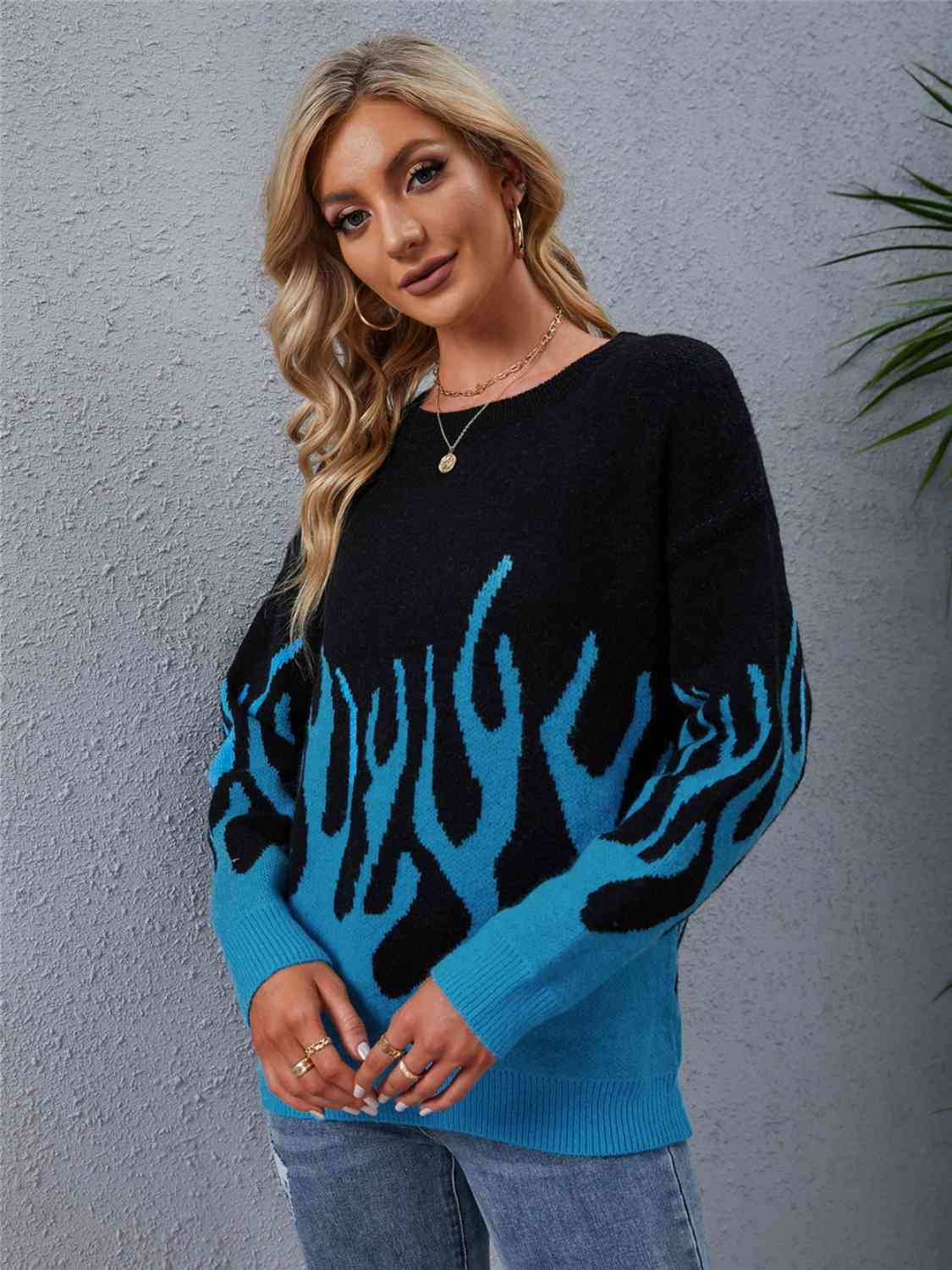 Printed Round Neck Long Sleeve Sweater - Deals DejaVu