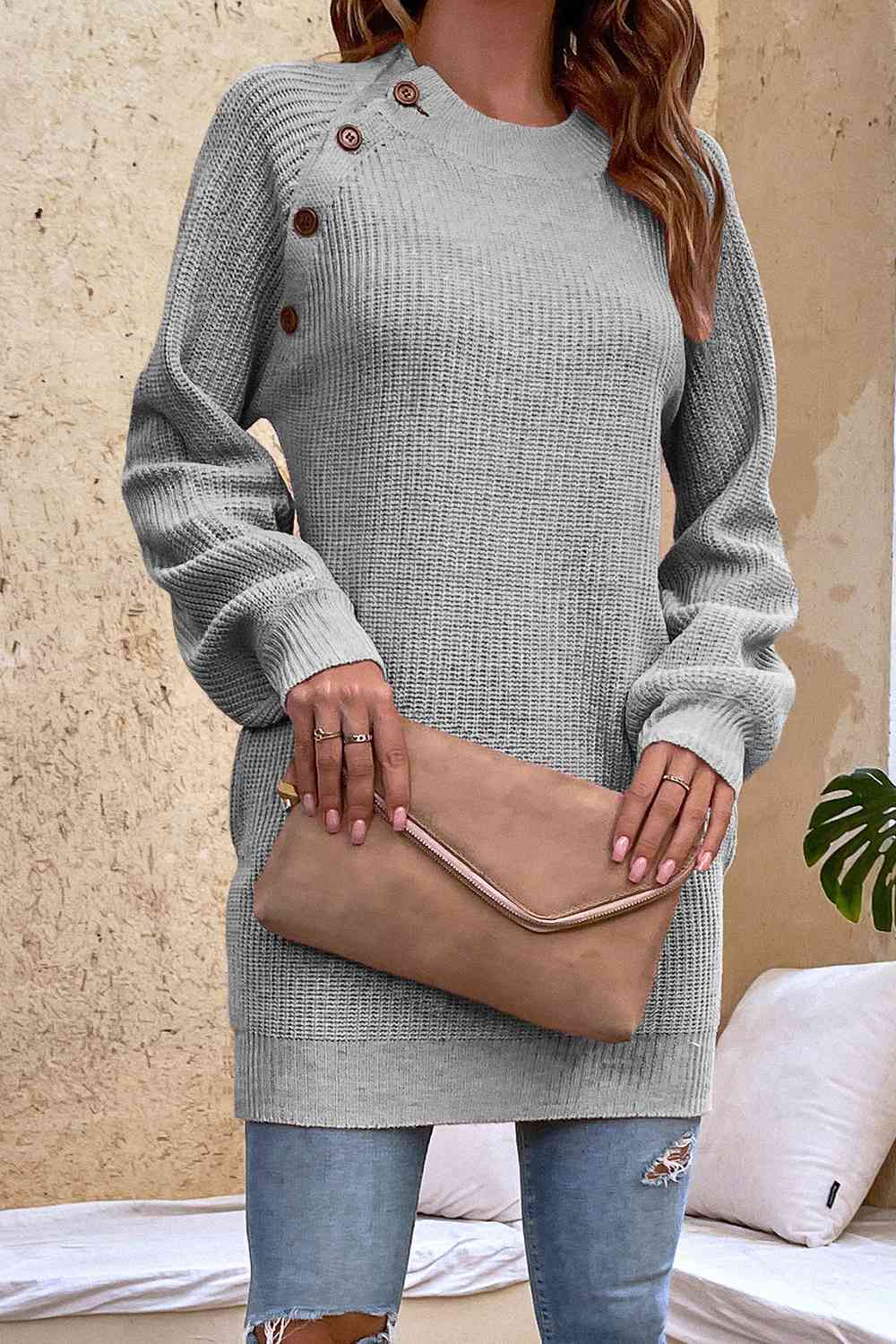 Round Neck Button Detail Ribbed Sweater - Deals DejaVu