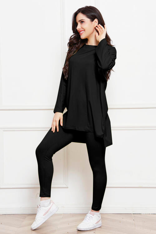 Round Neck High-Low Top and Leggings Set