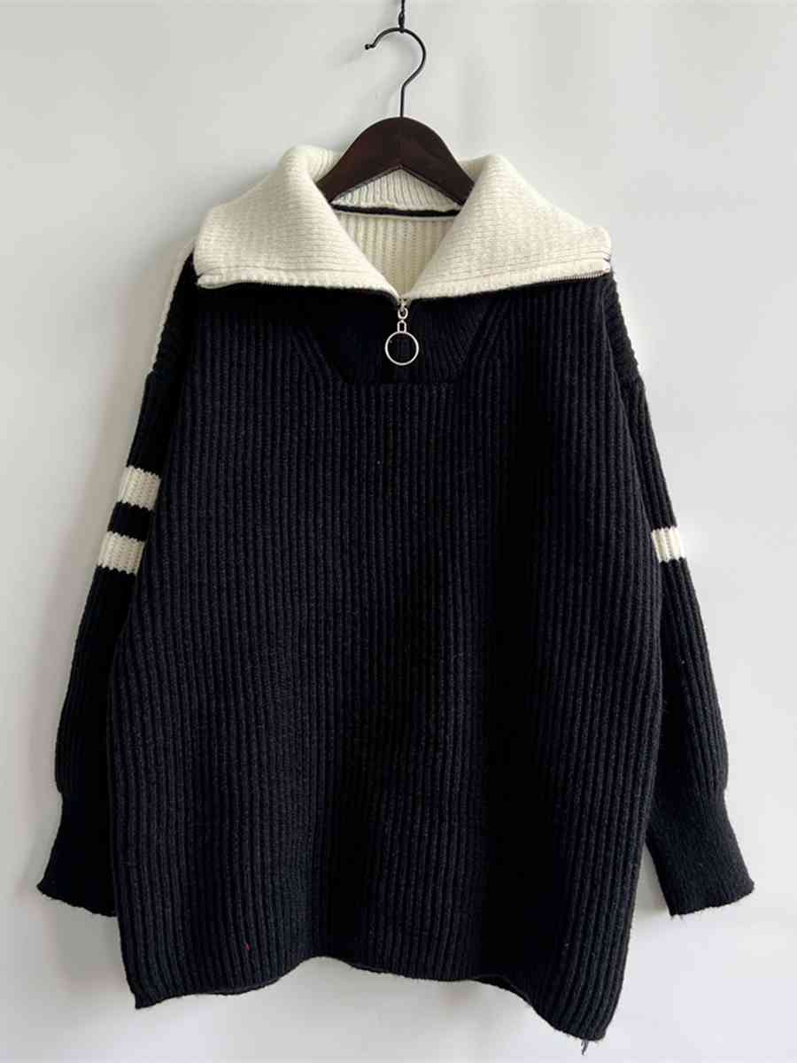 Ribbed Two-Tone Half Zip Sweater - Deals DejaVu