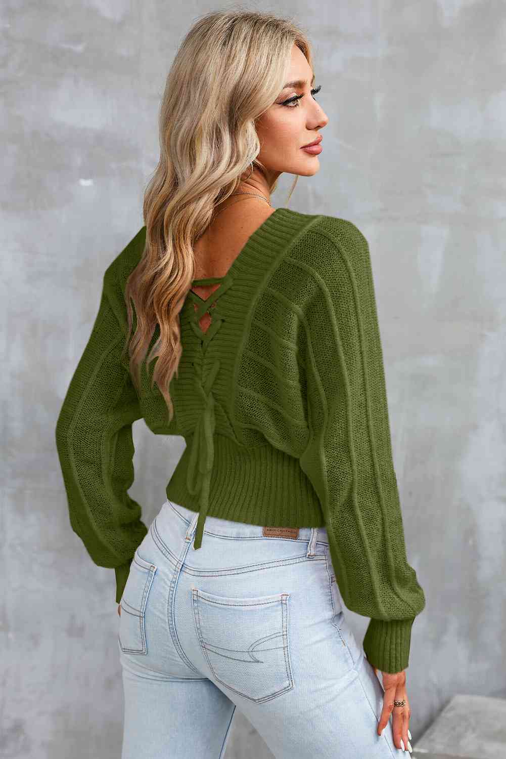 Surplice Neck Lace-Up Sweater - Deals DejaVu