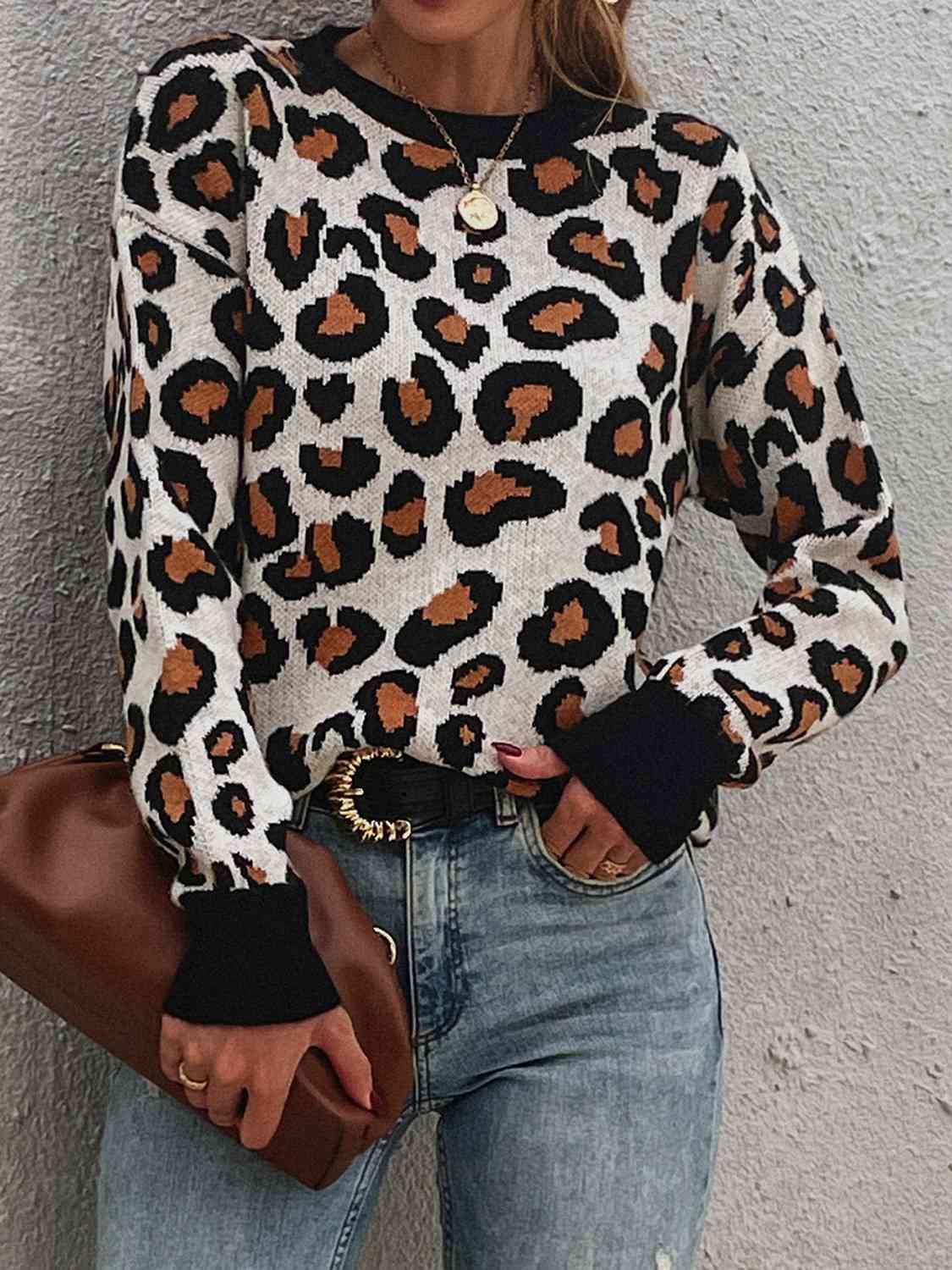 Leopard Round Neck Dropped Shoulder Sweater - Deals DejaVu