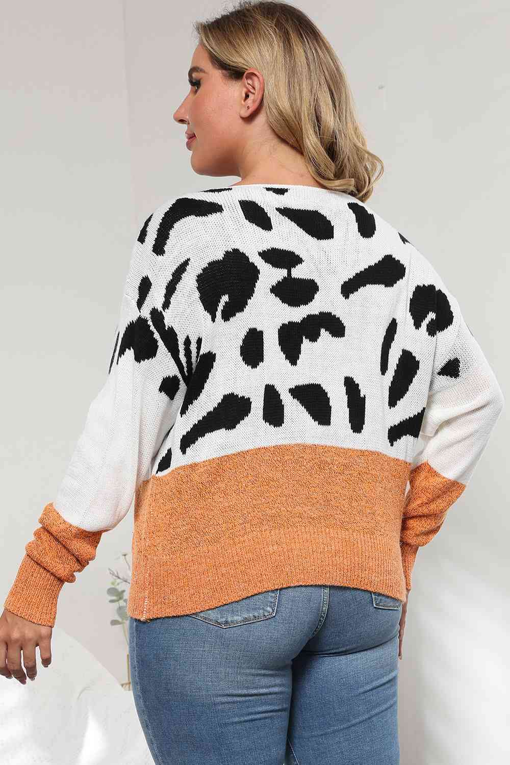 Plus Size Leopard Round Neck Long Sleeve Sweater - Deals DejaVu