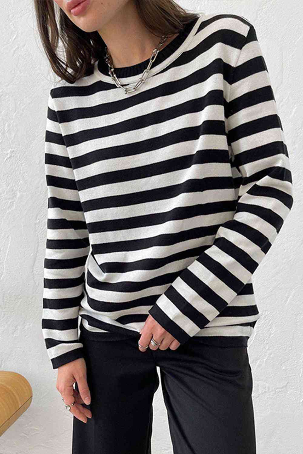 Striped Round Neck Long Sleeve Sweater - Deals DejaVu