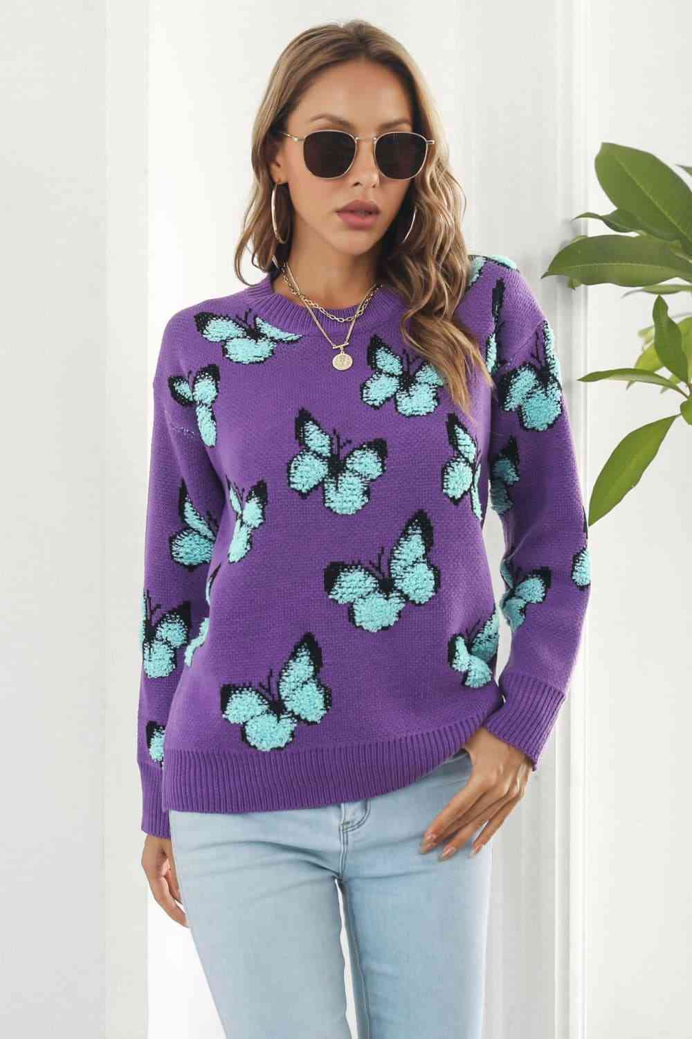 Butterfly Pattern Round Neck Dropped Shoulder Sweater - Deals DejaVu