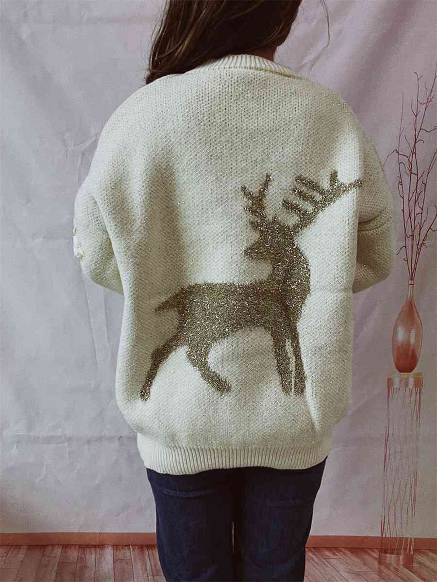 Reindeer Round Neck Long Sleeve Sweater - Deals DejaVu