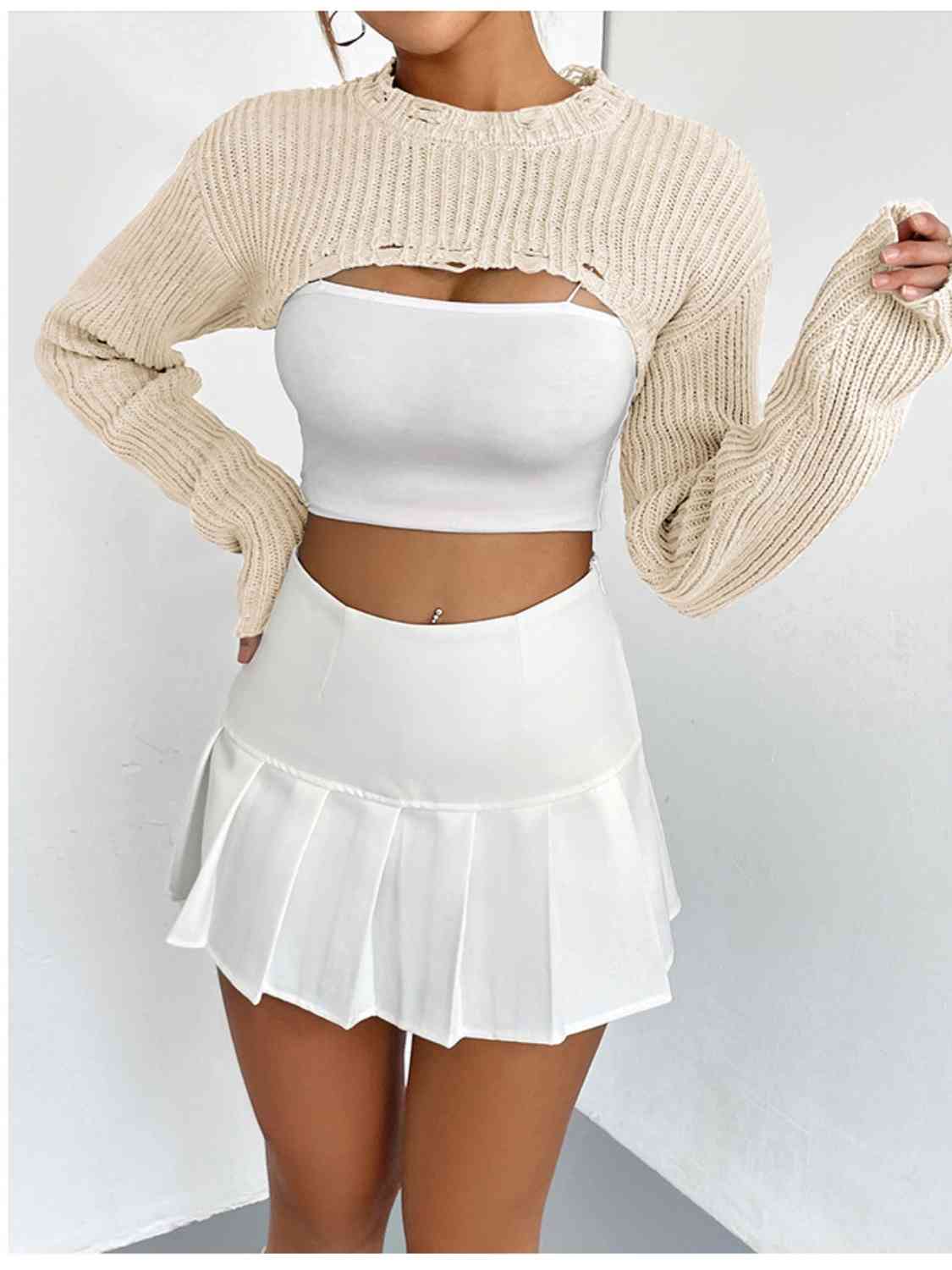 Distressed Long Sleeve Cropped Sweater - Deals DejaVu