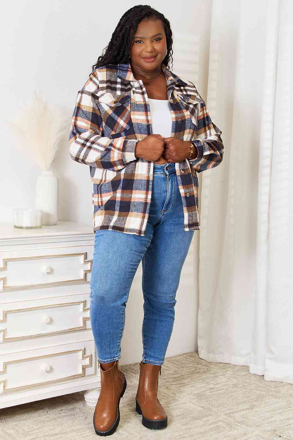 Double Take Plaid Button Front Shirt Jacket with Breast Pockets (BFD) T - Deals DejaVu