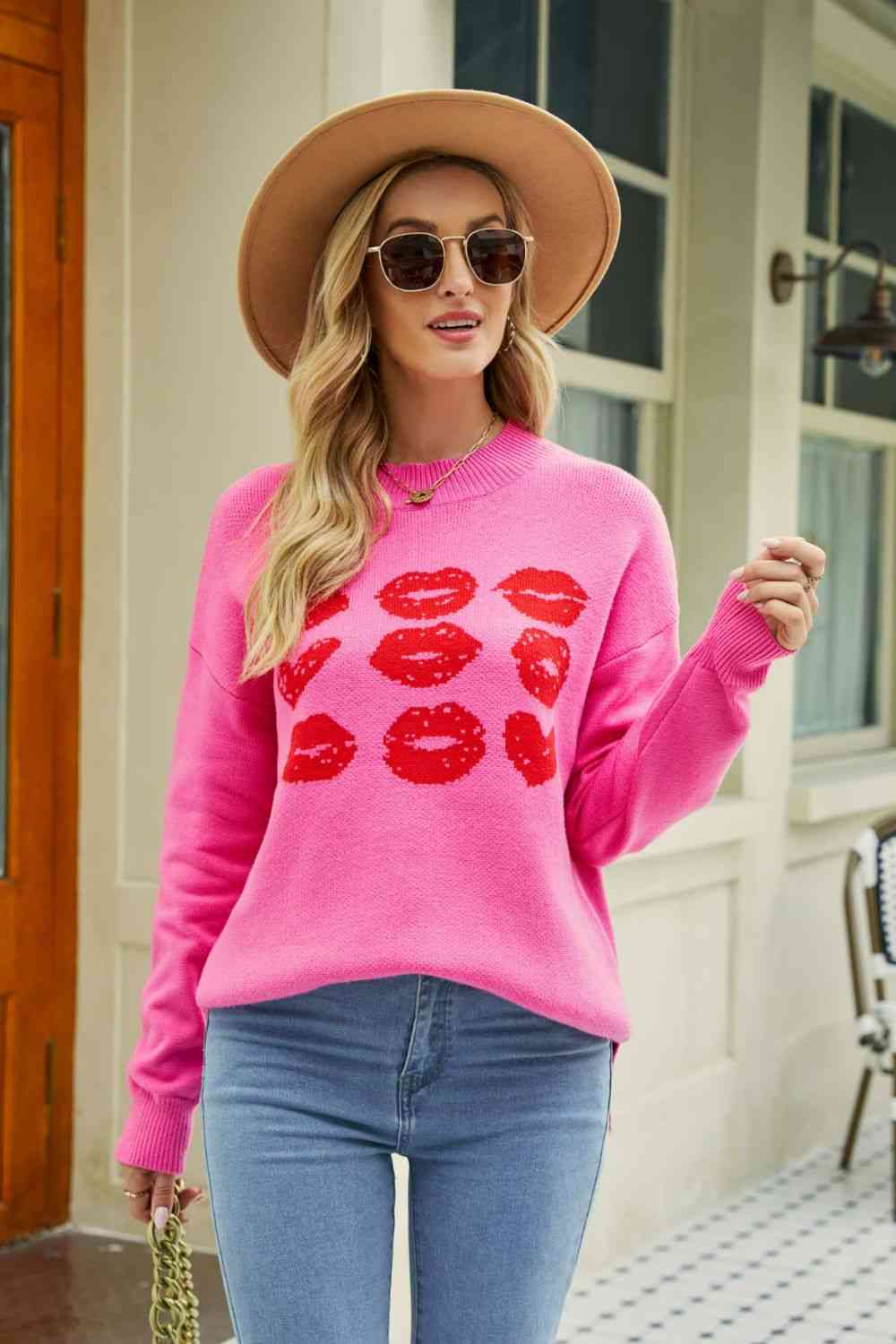 Woven Right Lip Graphic Slit Dropped Shoulder Sweater - Deals DejaVu