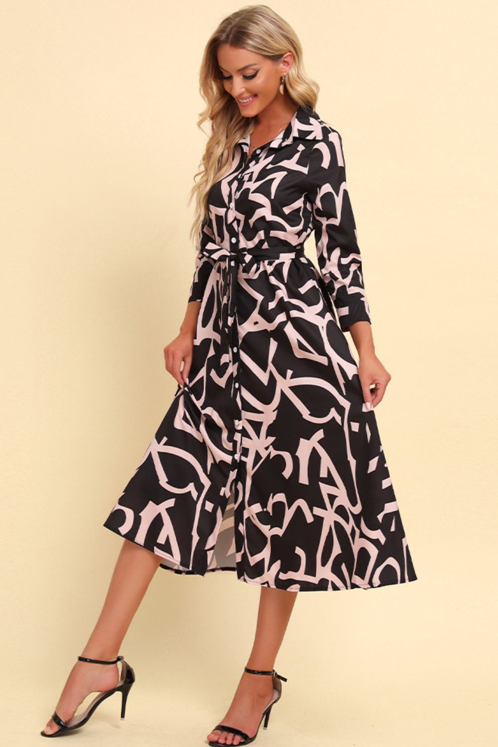 Printed Button Front Belted Midi Dress (BWD)(WS06)T