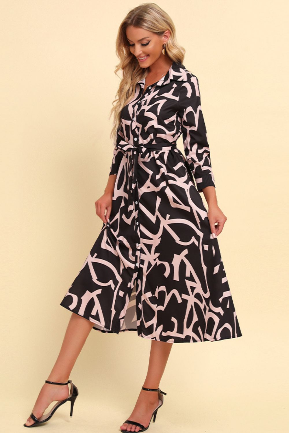 Printed Button Front Belted Midi Dress (BWD)(WS06)T - Deals DejaVu