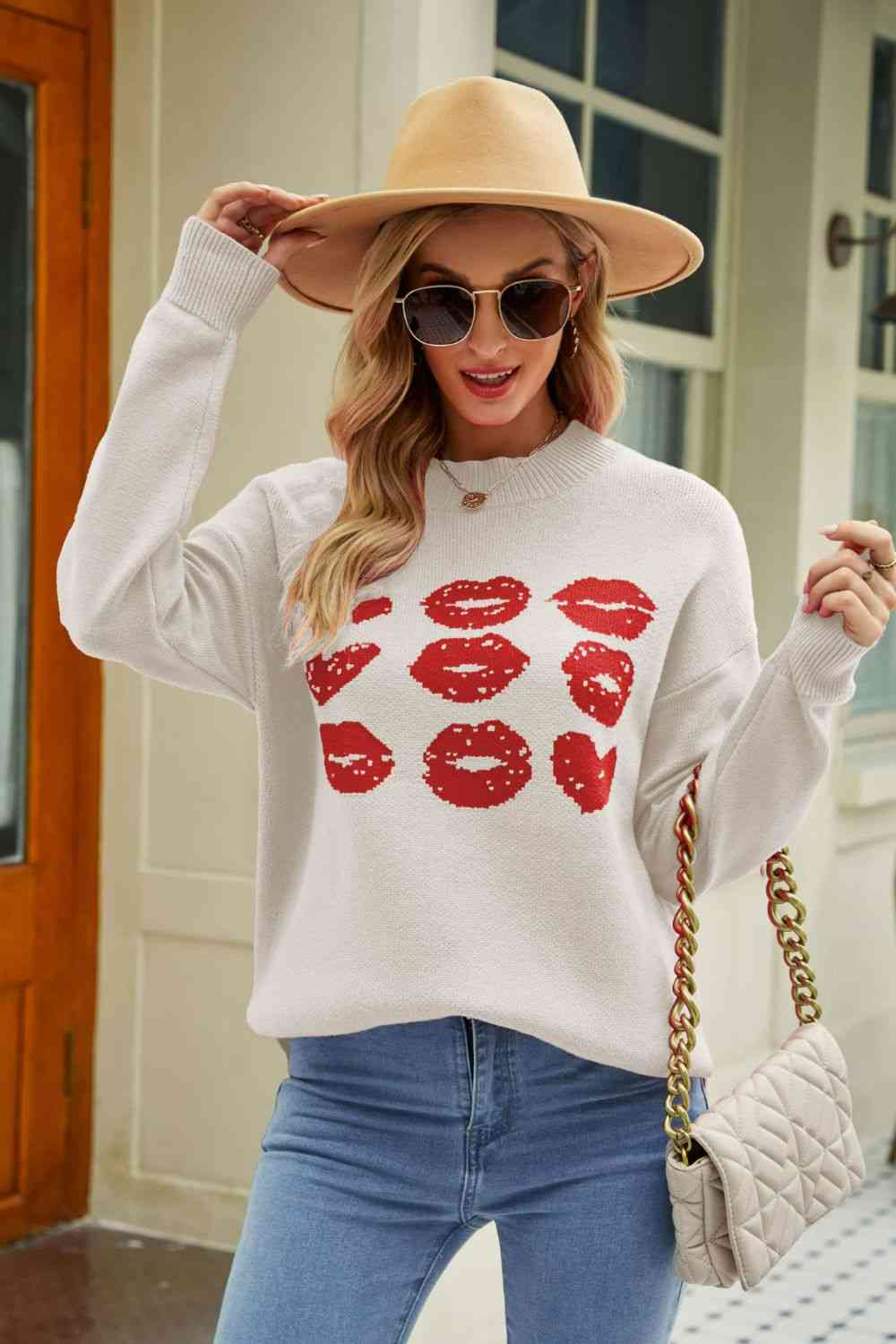 Woven Right Lip Graphic Slit Dropped Shoulder Sweater - Deals DejaVu