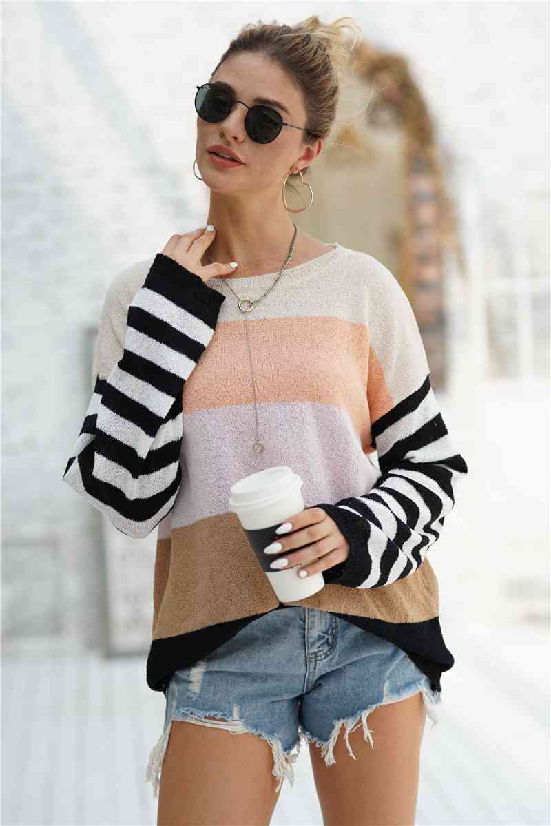 Striped Ribbed Trim Bell Sleeve Sweater - Deals DejaVu