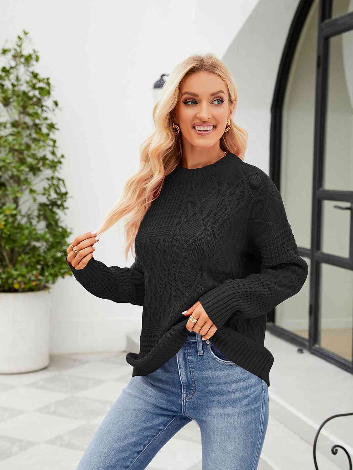 Round Neck Dropped Shoulder Sweater - Deals DejaVu