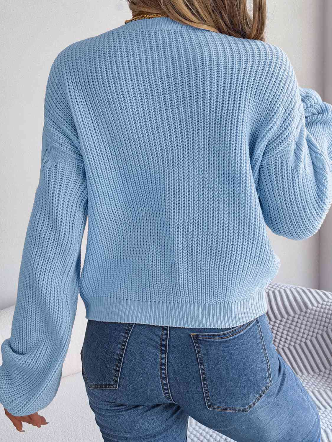 Cable-Knit Round Neck Drop Shoulder Sweater - Deals DejaVu