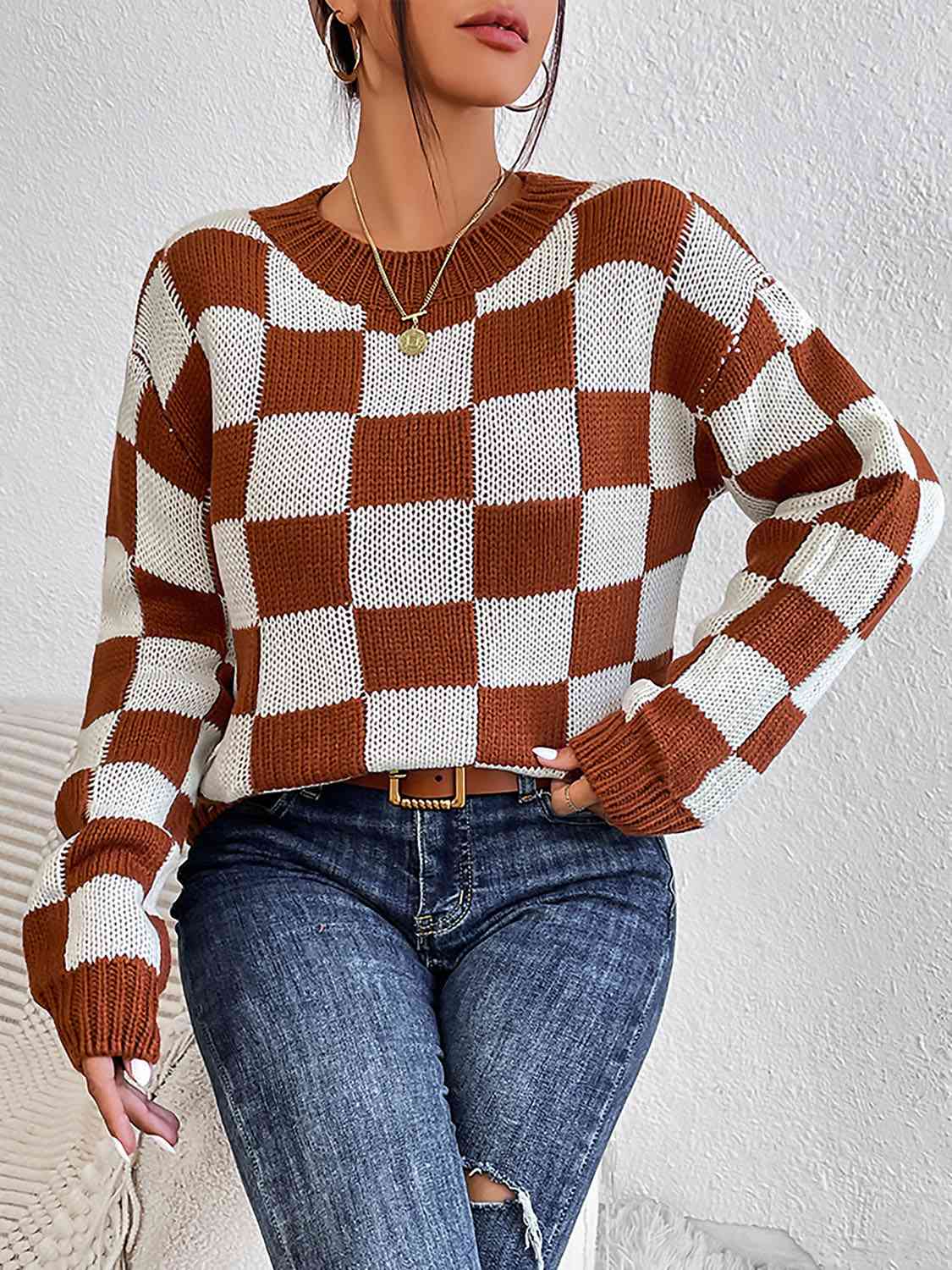 Checkered Round Neck Sweater - Deals DejaVu