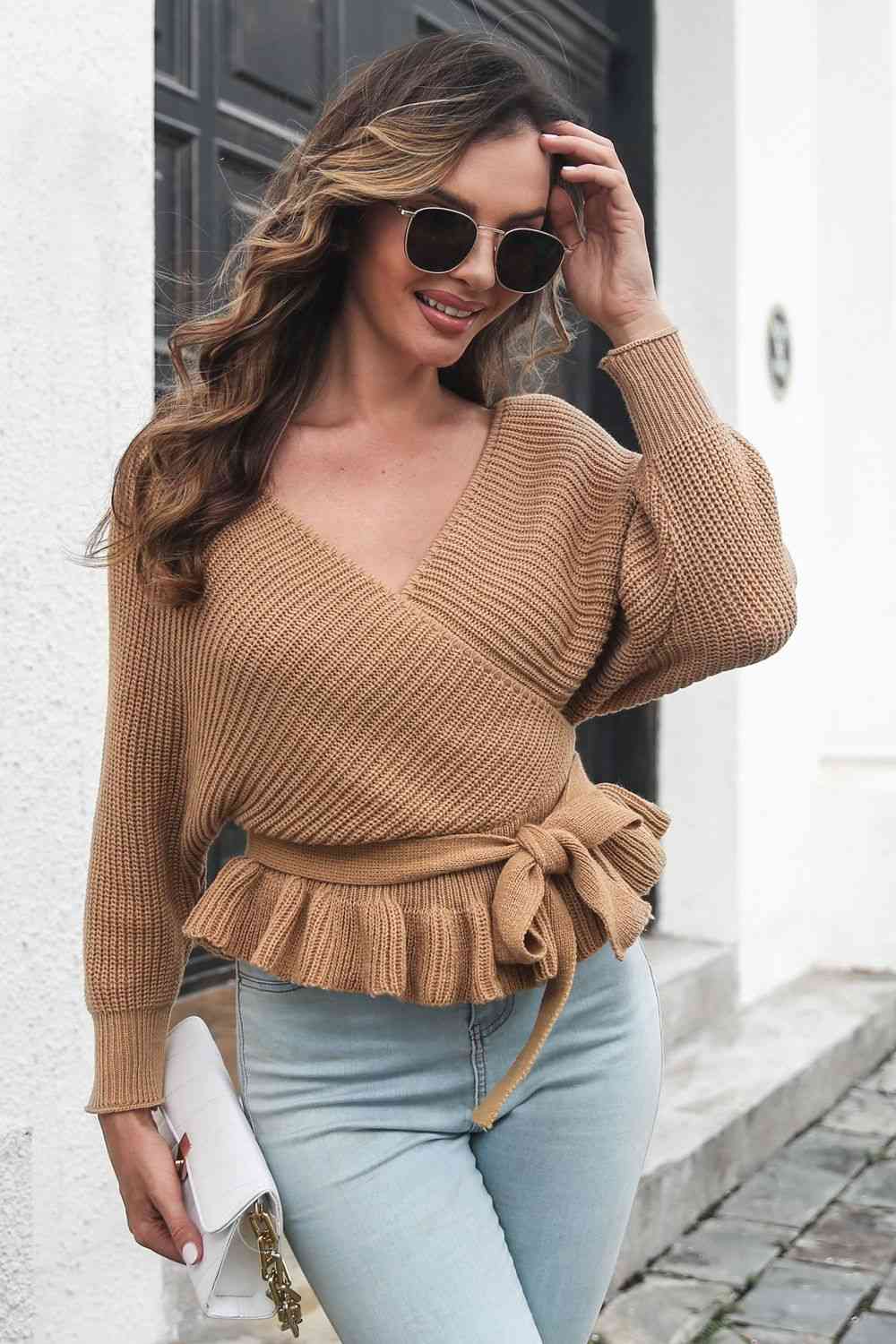 Tie Waist Ruffle Hem Sweater - Deals DejaVu