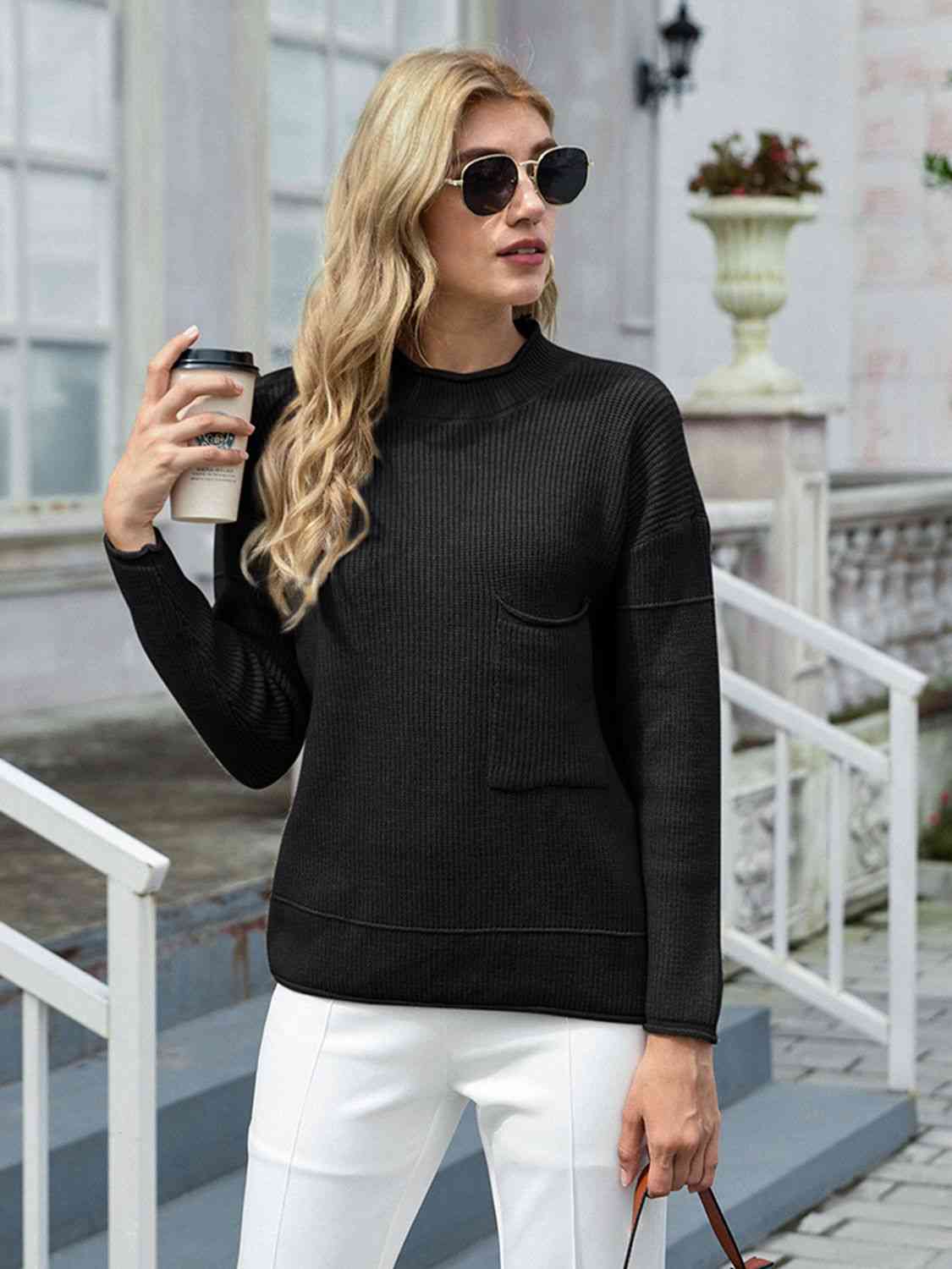 Round Neck Dropped Shoulder Sweater with Pocket