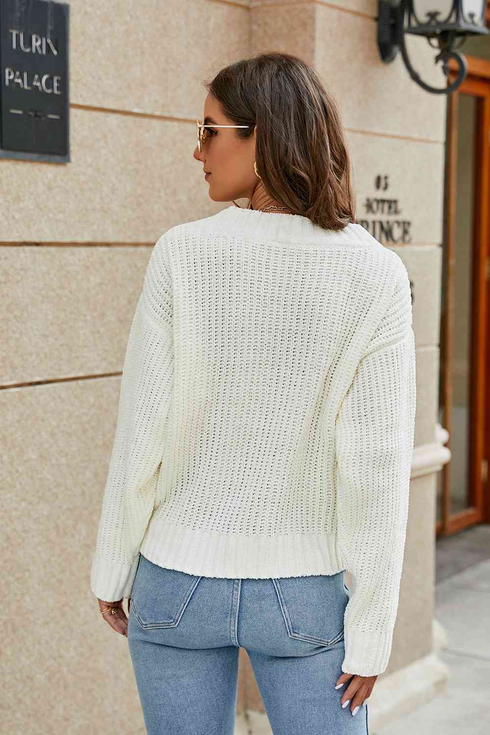 Openwork Surplice Long Sleeve Sweater - Deals DejaVu