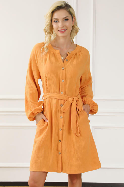 Tied Button Front Balloon Sleeve Dress (MWBT) T - Deals DejaVu