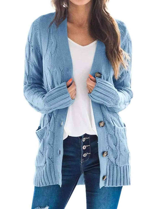 Cable-Knit Buttoned Cardigan with Pockets - Deals DejaVu