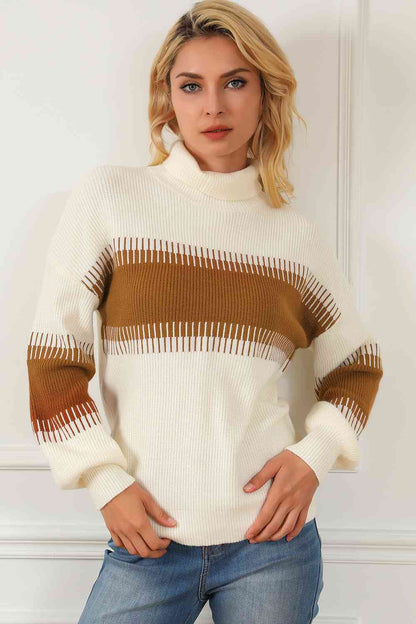 Contrast Turtleneck Long Sleeve Sweater - Deals DejaVu