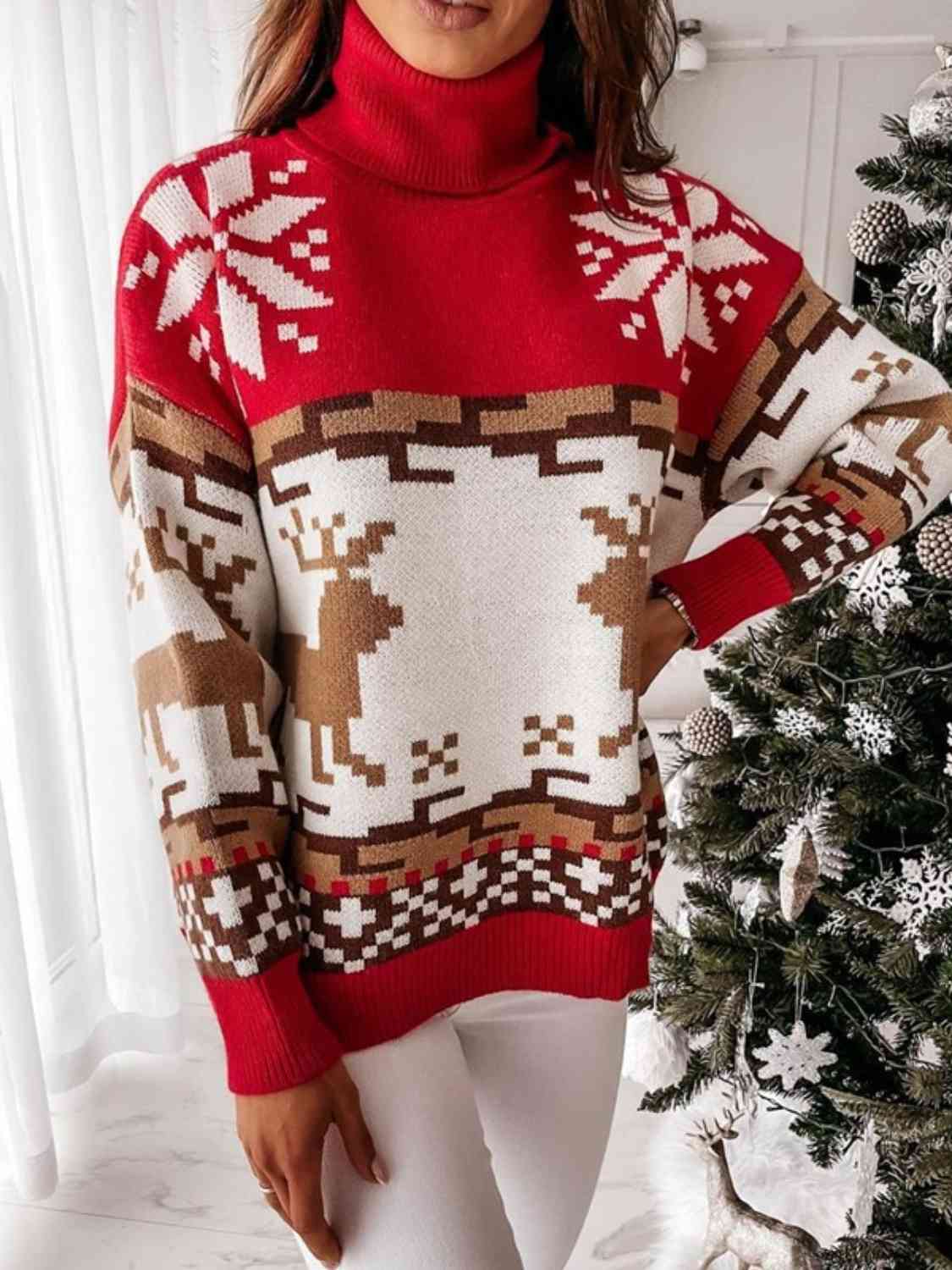 Reindeer Turtleneck Drop Shoulder Sweater - Deals DejaVu