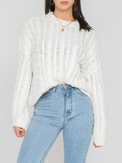 Openwork Round Sleeve Cable-Knit Sweater - Deals DejaVu