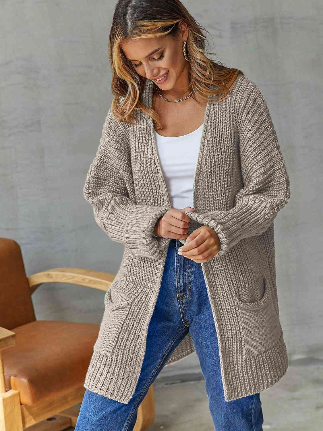 Open Front Long Sleeve Cardigan with Pockets