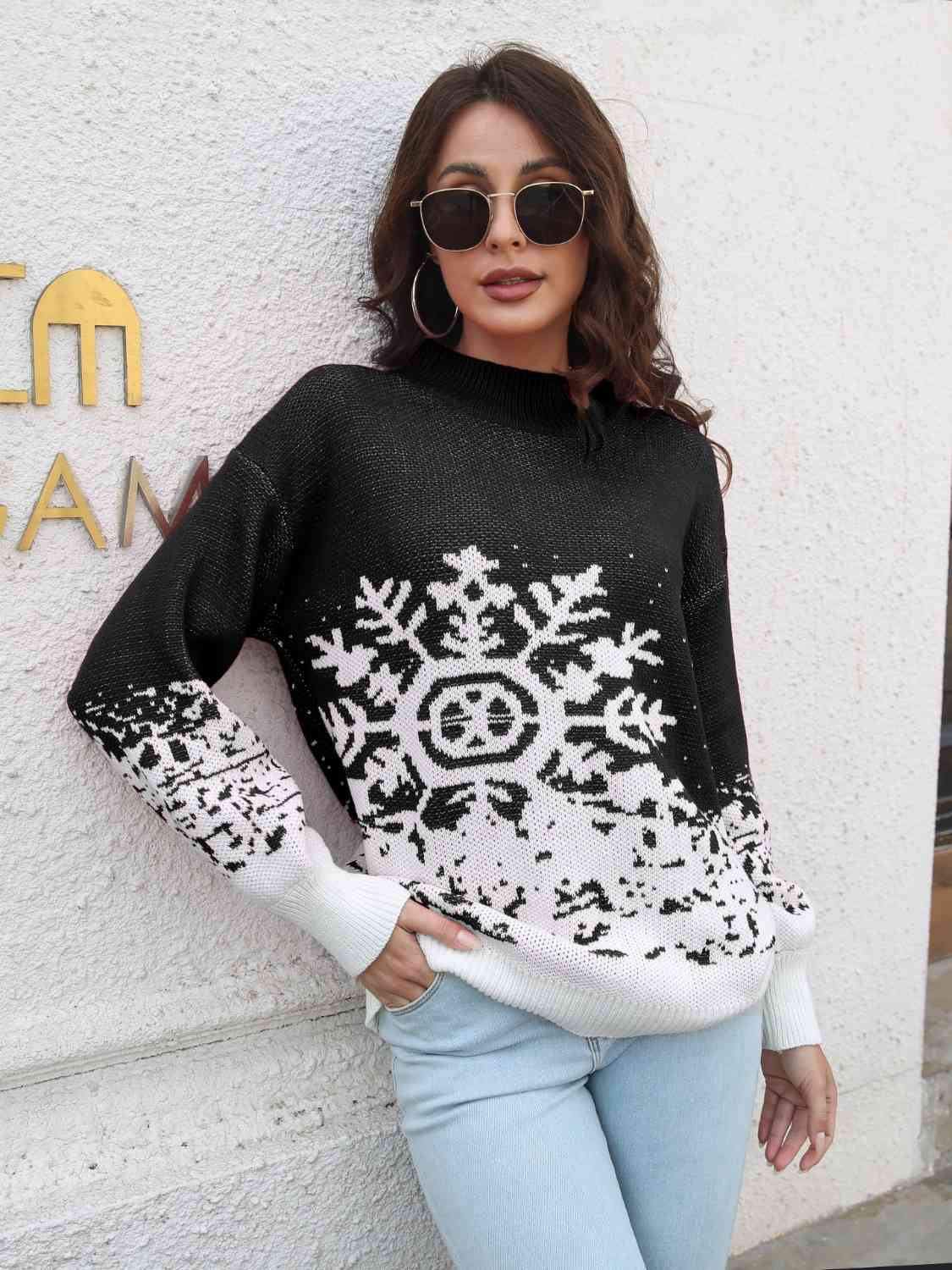 Snowflake Pattern Mock Neck Sweater - Deals DejaVu