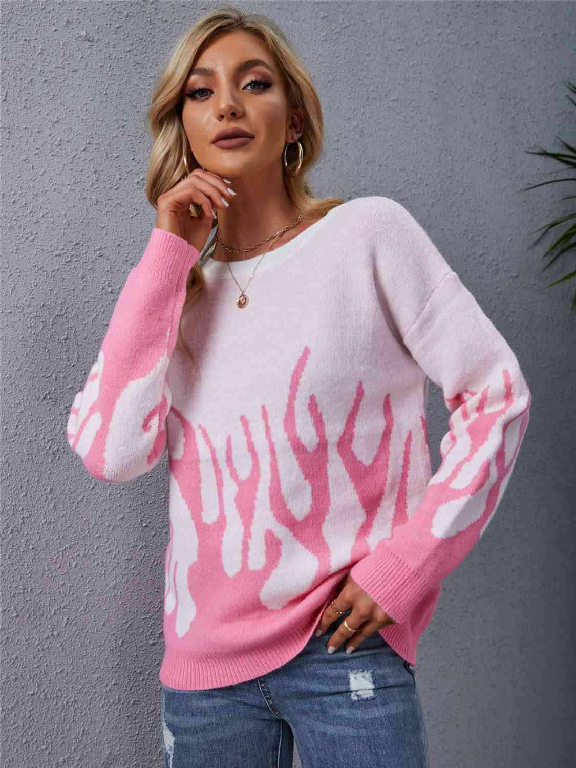 Printed Round Neck Long Sleeve Sweater - Deals DejaVu