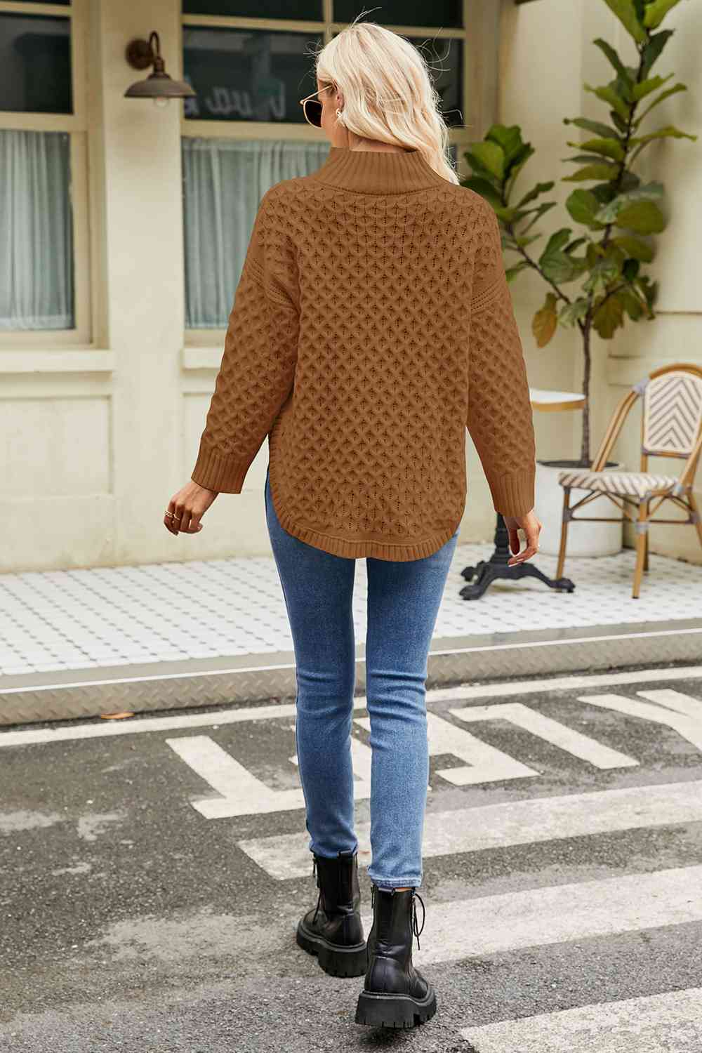 Slit Long Sleeve Mock Neck Sweater - Deals DejaVu