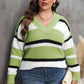 Plus Size Striped V-Neck Dropped Shoulder Sweater