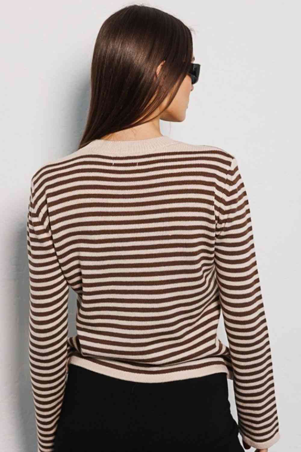 Striped Round Neck Long Sleeve Sweater - Deals DejaVu